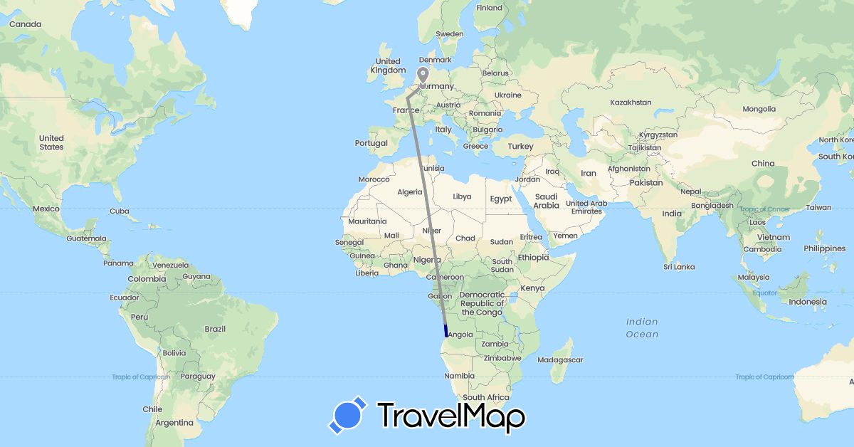 TravelMap itinerary: driving, plane in Angola, Germany, France (Africa, Europe)