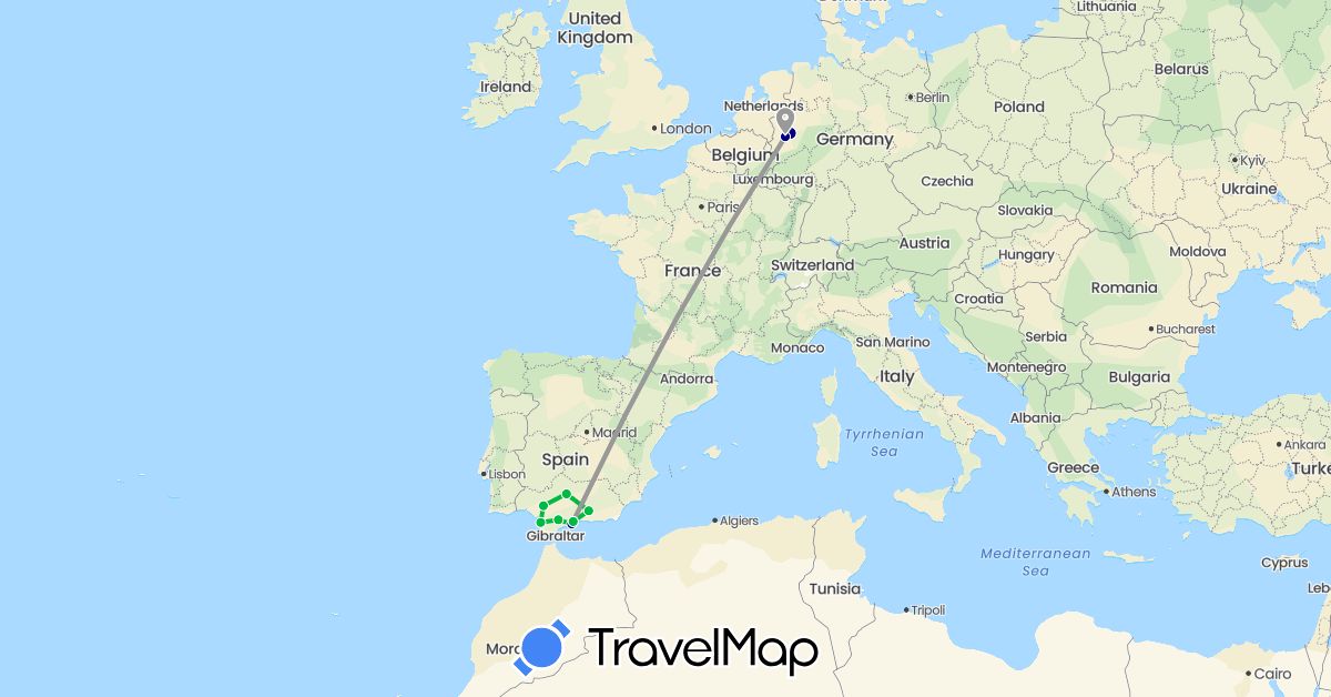 TravelMap itinerary: driving, bus, plane in Germany, Spain (Europe)